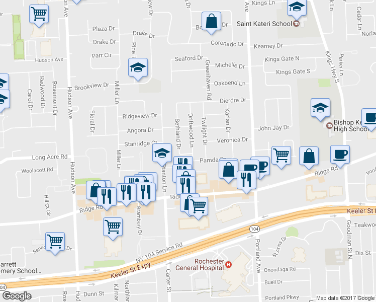 map of restaurants, bars, coffee shops, grocery stores, and more near 8 Sethland Drive in Irondequoit