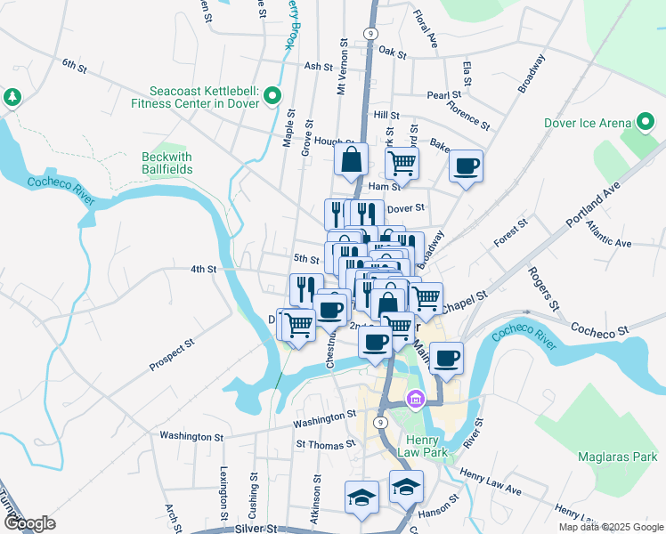 map of restaurants, bars, coffee shops, grocery stores, and more near 9 5th Street in Dover