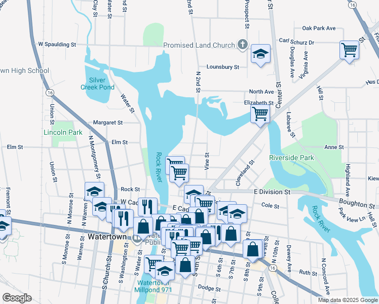 map of restaurants, bars, coffee shops, grocery stores, and more near 902 North 2nd Street in Watertown