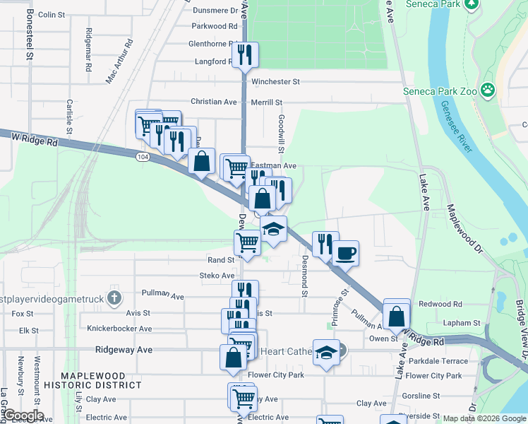 map of restaurants, bars, coffee shops, grocery stores, and more near 396 Ridge Road West in Rochester