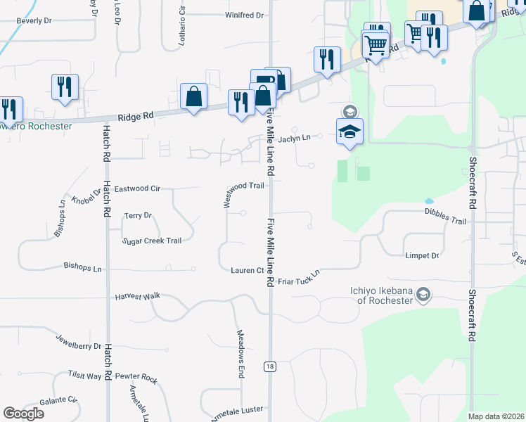 map of restaurants, bars, coffee shops, grocery stores, and more near 1107 Five Mile Line Road in Webster