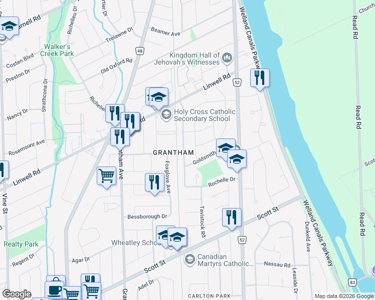 map of restaurants, bars, coffee shops, grocery stores, and more near 70 Rochelle Drive in St. Catharines