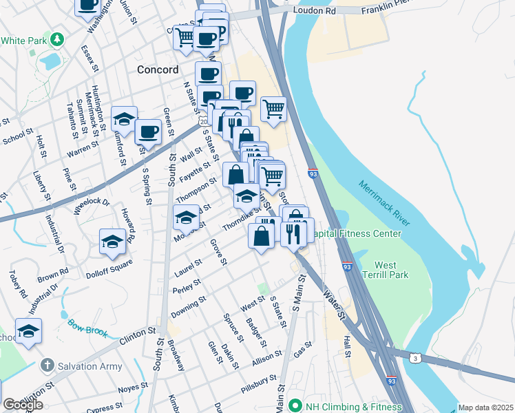 map of restaurants, bars, coffee shops, grocery stores, and more near 58 South Main Street in Concord