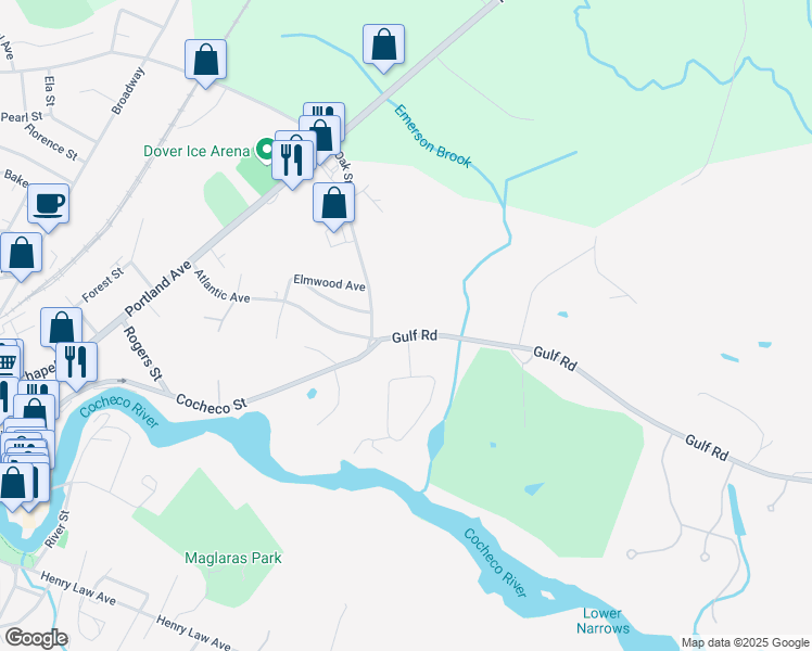 map of restaurants, bars, coffee shops, grocery stores, and more near 108 Gulf Road in Dover