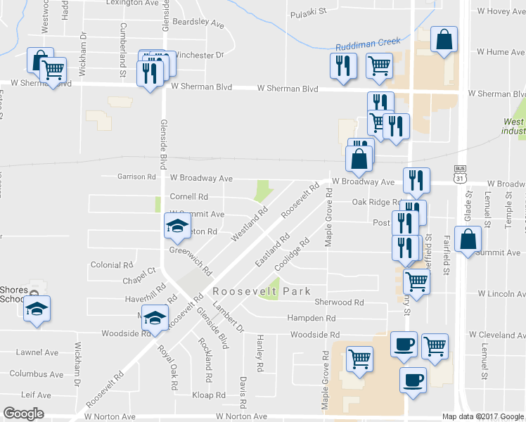 map of restaurants, bars, coffee shops, grocery stores, and more near 2907 Westland Road in Muskegon