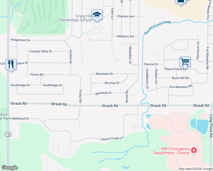map of restaurants, bars, coffee shops, grocery stores, and more near 79 Rocmar Drive in Rochester