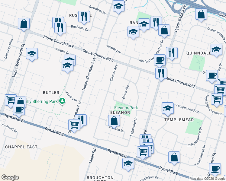 map of restaurants, bars, coffee shops, grocery stores, and more near 9 Mentino Crescent in Hamilton