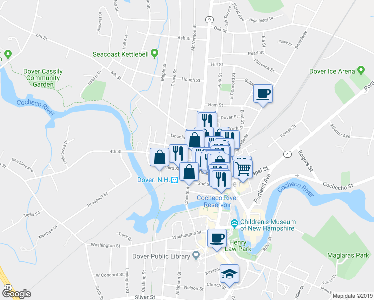 map of restaurants, bars, coffee shops, grocery stores, and more near 20 5th Street in Dover