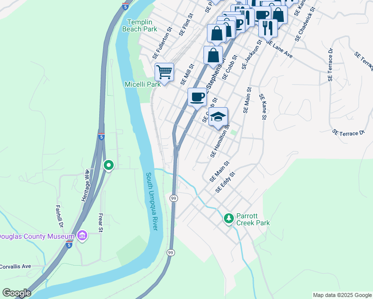 map of restaurants, bars, coffee shops, grocery stores, and more near 1667 Southeast Stephens Street in Roseburg