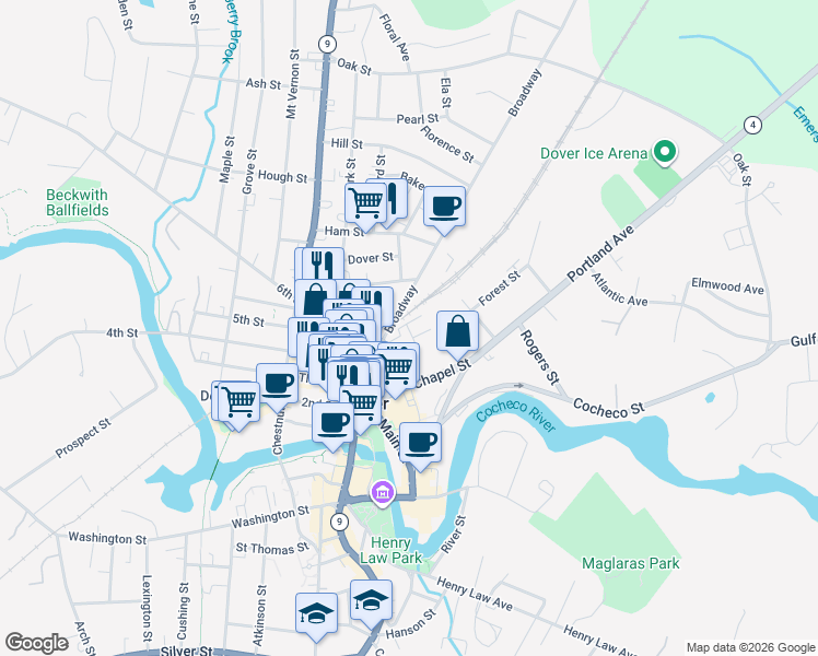 map of restaurants, bars, coffee shops, grocery stores, and more near 29 Durrell Street in Dover