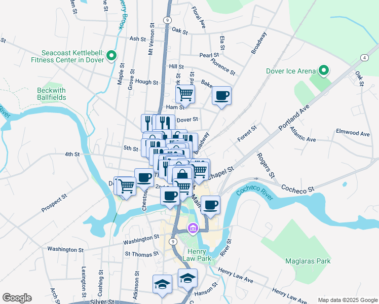 map of restaurants, bars, coffee shops, grocery stores, and more near 19 Pierce Street in Dover