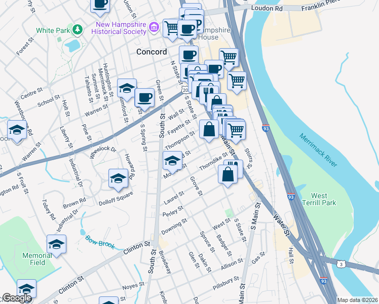 map of restaurants, bars, coffee shops, grocery stores, and more near 33 Concord Street in Concord