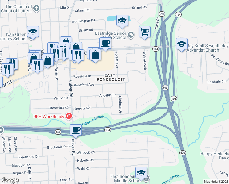 map of restaurants, bars, coffee shops, grocery stores, and more near 219 Angelus Drive in Irondequoit
