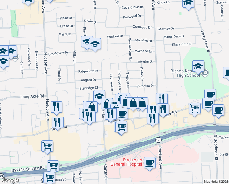 map of restaurants, bars, coffee shops, grocery stores, and more near 8 Sethland Drive in Irondequoit