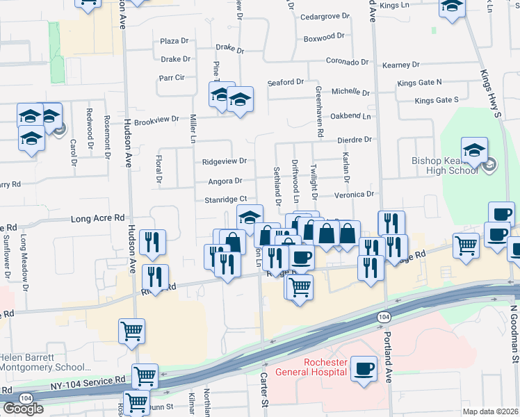 map of restaurants, bars, coffee shops, grocery stores, and more near 134 Stanton Lane in Rochester