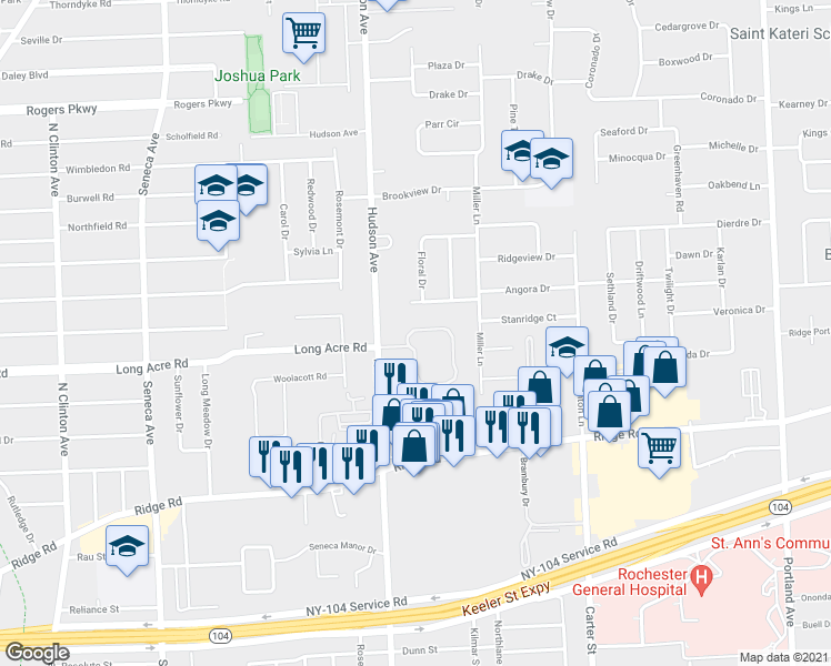map of restaurants, bars, coffee shops, grocery stores, and more near 1800 Hudson Avenue in Rochester