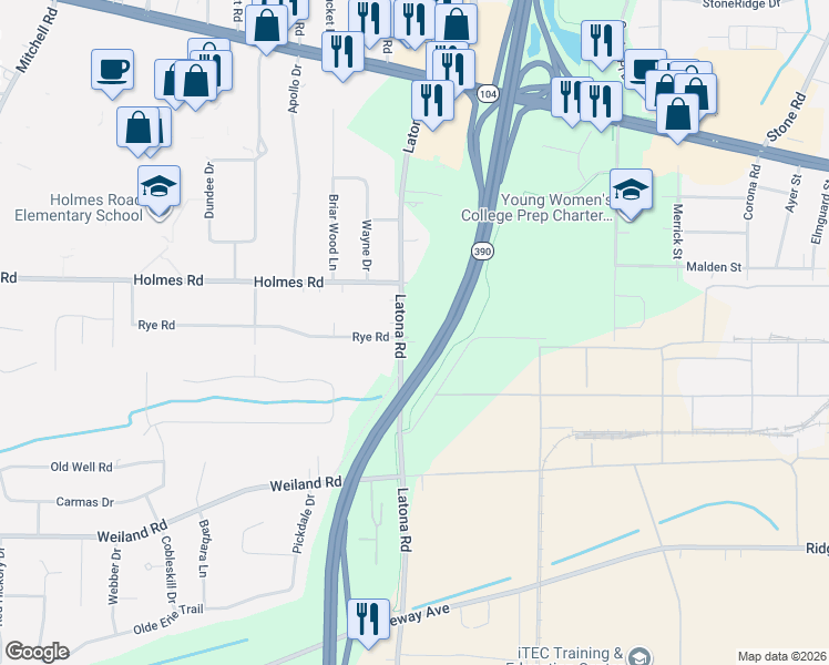 map of restaurants, bars, coffee shops, grocery stores, and more near New York 390 in Rochester