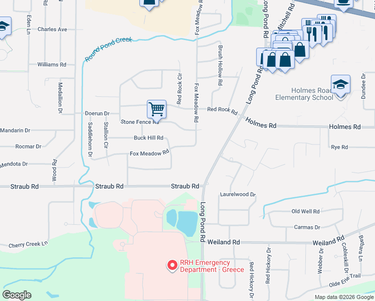map of restaurants, bars, coffee shops, grocery stores, and more near 478 Fox Meadow Road in Rochester
