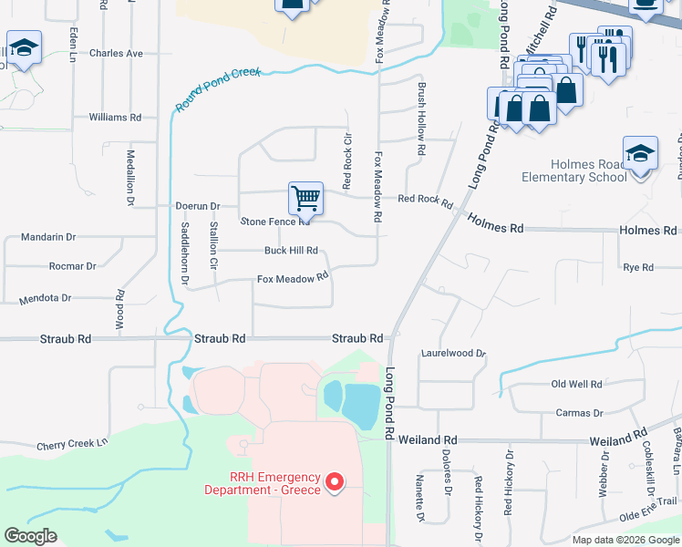 map of restaurants, bars, coffee shops, grocery stores, and more near 478 Fox Meadow Road in Rochester
