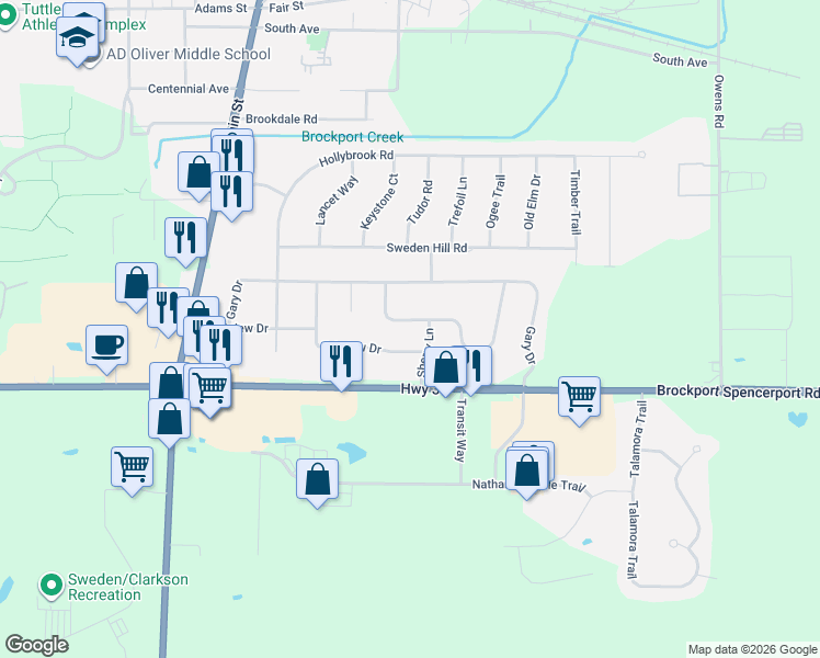 map of restaurants, bars, coffee shops, grocery stores, and more near 17 Highview Circle in Brockport