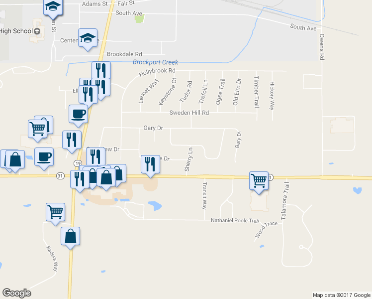 map of restaurants, bars, coffee shops, grocery stores, and more near 17 Highview Circle in Brockport