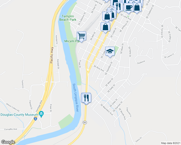 map of restaurants, bars, coffee shops, grocery stores, and more near 1667 Southeast Stephens Street in Roseburg