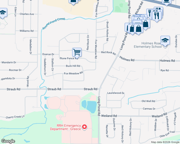 map of restaurants, bars, coffee shops, grocery stores, and more near 478 Fox Meadow Road in Rochester