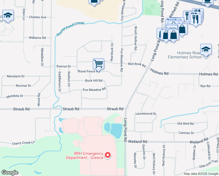 map of restaurants, bars, coffee shops, grocery stores, and more near 478 Fox Meadow Road in Rochester