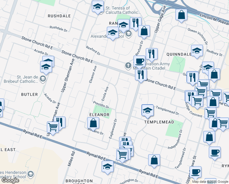 map of restaurants, bars, coffee shops, grocery stores, and more near 300 Eaglewood Drive in Hamilton