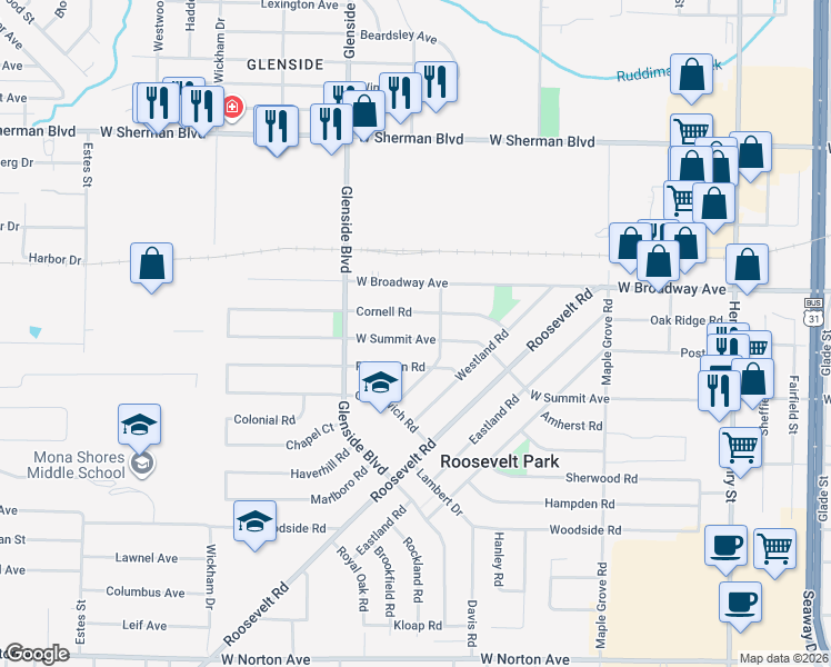 map of restaurants, bars, coffee shops, grocery stores, and more near 1294 West Summit Avenue in Muskegon