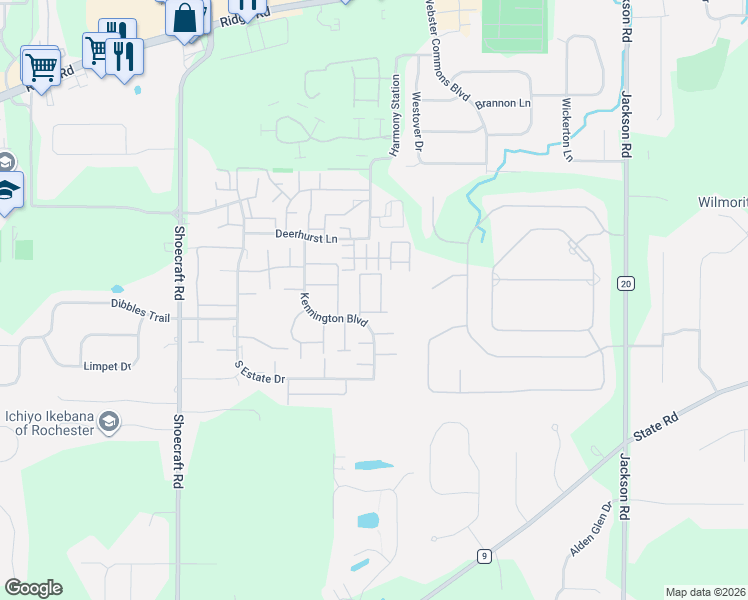 map of restaurants, bars, coffee shops, grocery stores, and more near 677 Neros Run in Webster