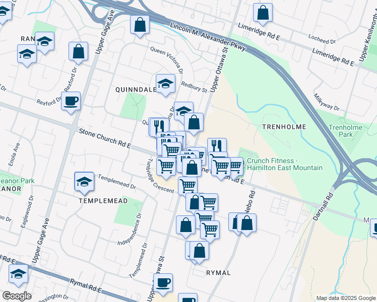 map of restaurants, bars, coffee shops, grocery stores, and more near 1396 Upper Ottawa Street in Hamilton