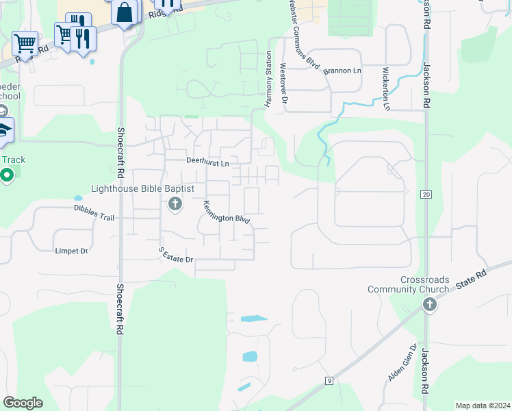 map of restaurants, bars, coffee shops, grocery stores, and more near 677 Neros Run in Webster