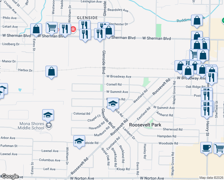 map of restaurants, bars, coffee shops, grocery stores, and more near 1350 West Summit Avenue in Muskegon