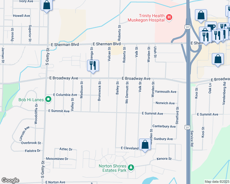 map of restaurants, bars, coffee shops, grocery stores, and more near 2879 Bailey Street in Norton Shores