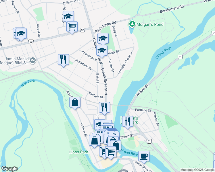 map of restaurants, bars, coffee shops, grocery stores, and more near 197 Highway 24A in Brant
