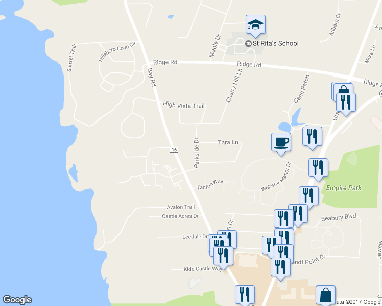 map of restaurants, bars, coffee shops, grocery stores, and more near 1107 Parkside Drive in Webster