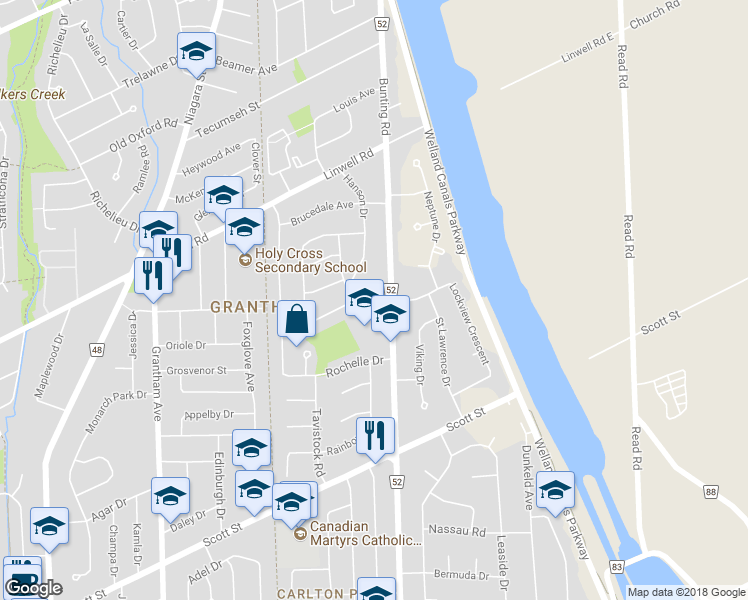 map of restaurants, bars, coffee shops, grocery stores, and more near 3 Goldsmith Avenue in St. Catharines