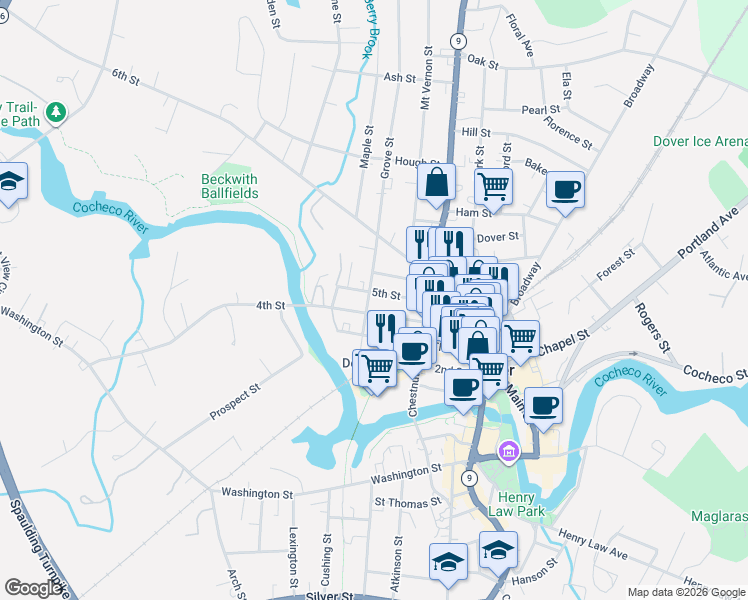 map of restaurants, bars, coffee shops, grocery stores, and more near 53B 4th Street in Dover