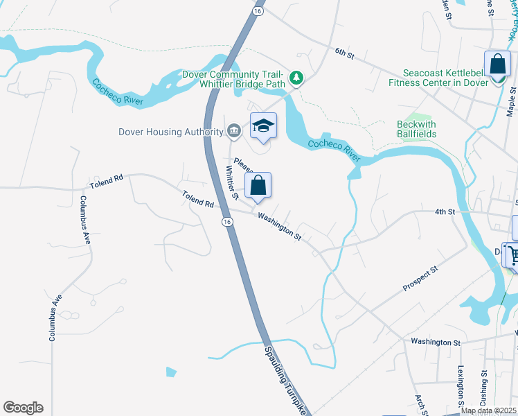 map of restaurants, bars, coffee shops, grocery stores, and more near 385 Washington Street in Dover