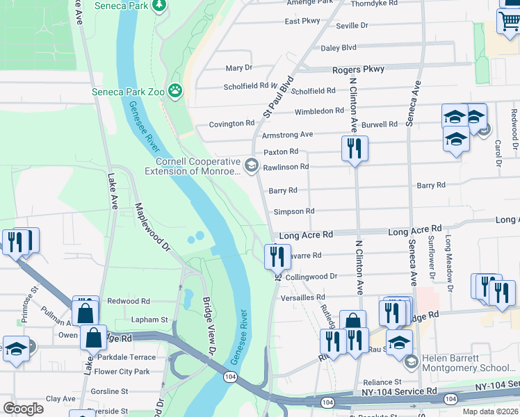 map of restaurants, bars, coffee shops, grocery stores, and more near 2375 Saint Paul Boulevard in Rochester