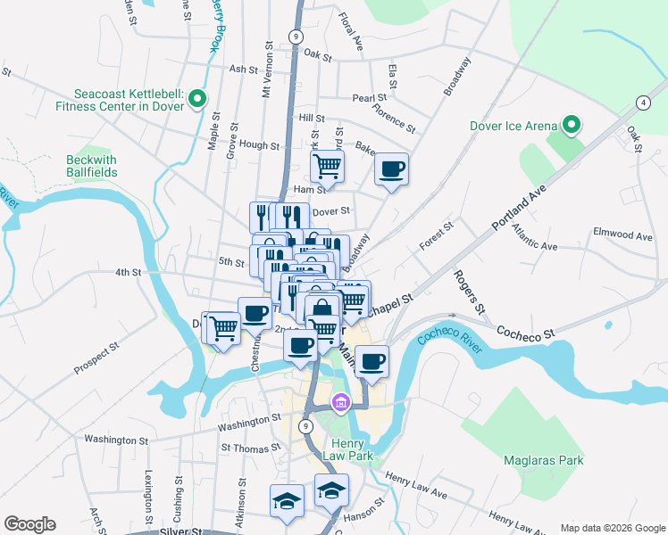 map of restaurants, bars, coffee shops, grocery stores, and more near 21 Pierce Street in Dover