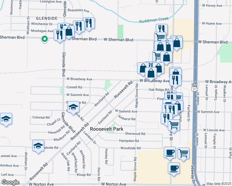 map of restaurants, bars, coffee shops, grocery stores, and more near 2903 Roosevelt Road in Muskegon