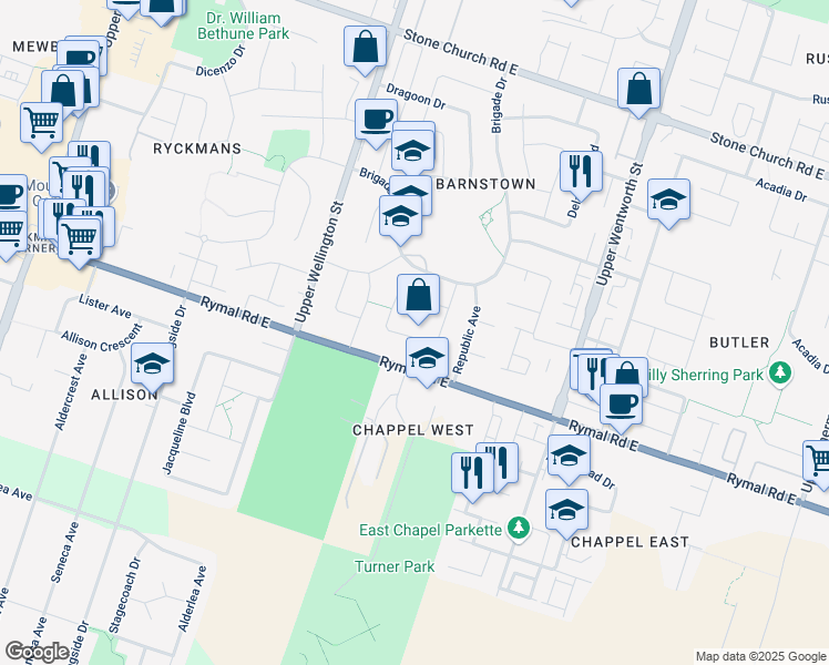 map of restaurants, bars, coffee shops, grocery stores, and more near 93 Bastille Street in Hamilton