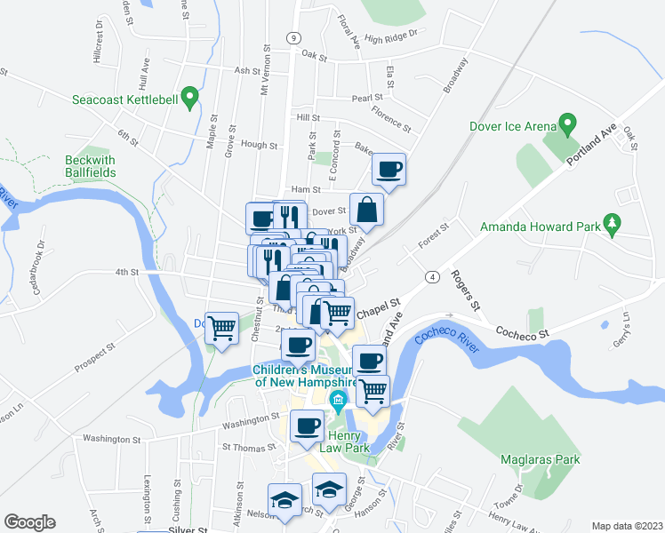 map of restaurants, bars, coffee shops, grocery stores, and more near 21C Pierce Street in Dover