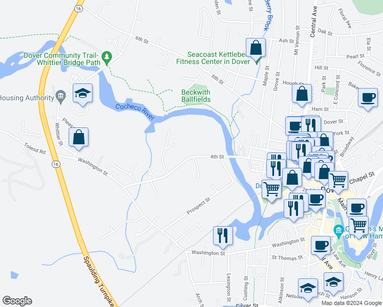 map of restaurants, bars, coffee shops, grocery stores, and more near 97 4th Street in Dover