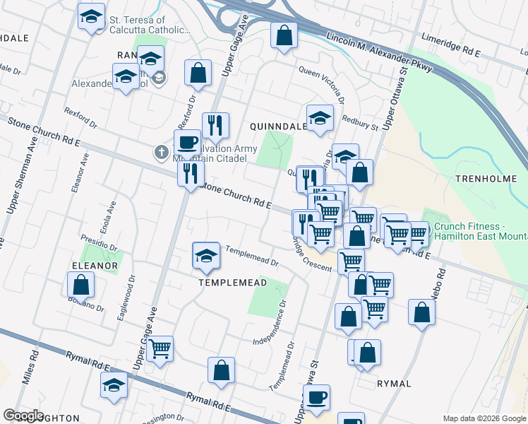 map of restaurants, bars, coffee shops, grocery stores, and more near 113 Anna Capri Drive in Hamilton
