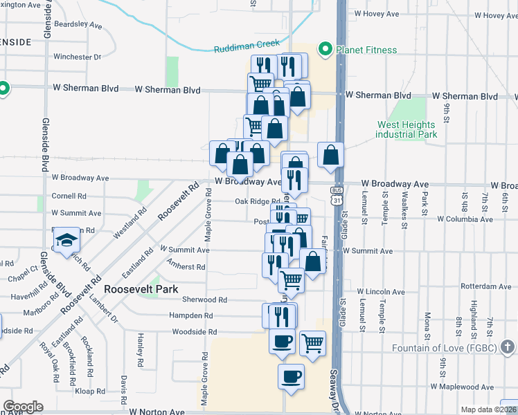 map of restaurants, bars, coffee shops, grocery stores, and more near 865 Oak Ridge Road in Muskegon