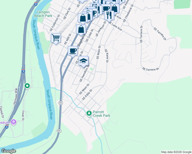map of restaurants, bars, coffee shops, grocery stores, and more near 1432 Southeast Virginia Court in Roseburg