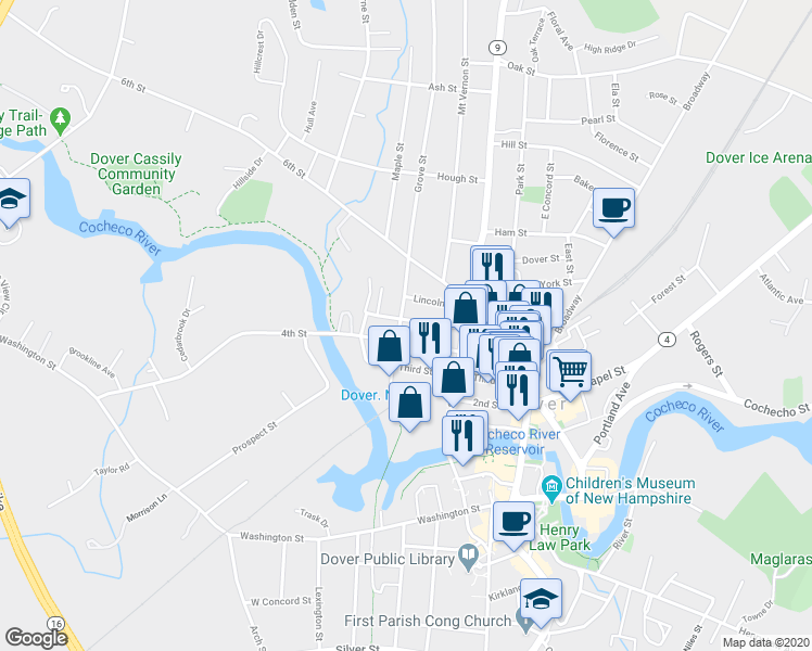 map of restaurants, bars, coffee shops, grocery stores, and more near 53B 4th Street in Dover